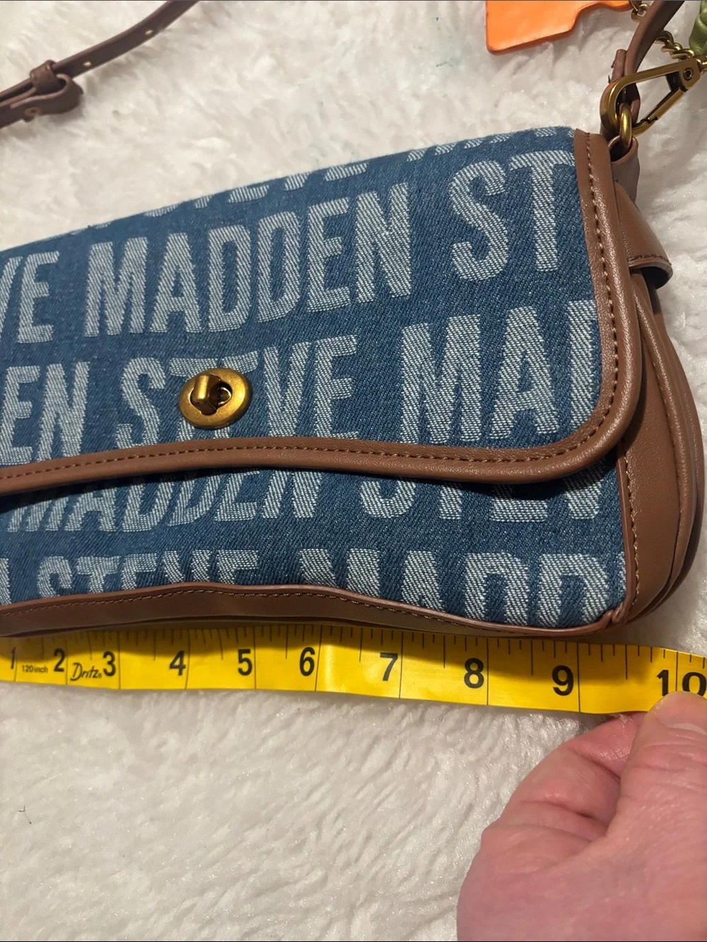 Steve Madden Blue Logo Denim Crossbody with Tan Trim and Orange Charm